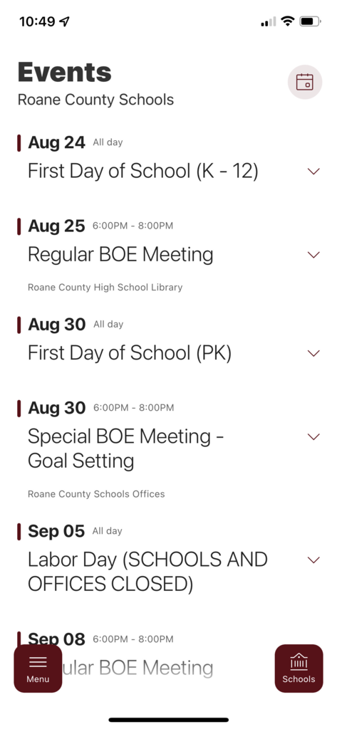 Events in the RCS app