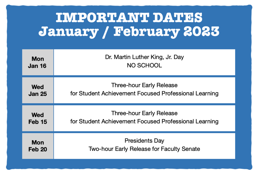 Important Dates for January / February 2023